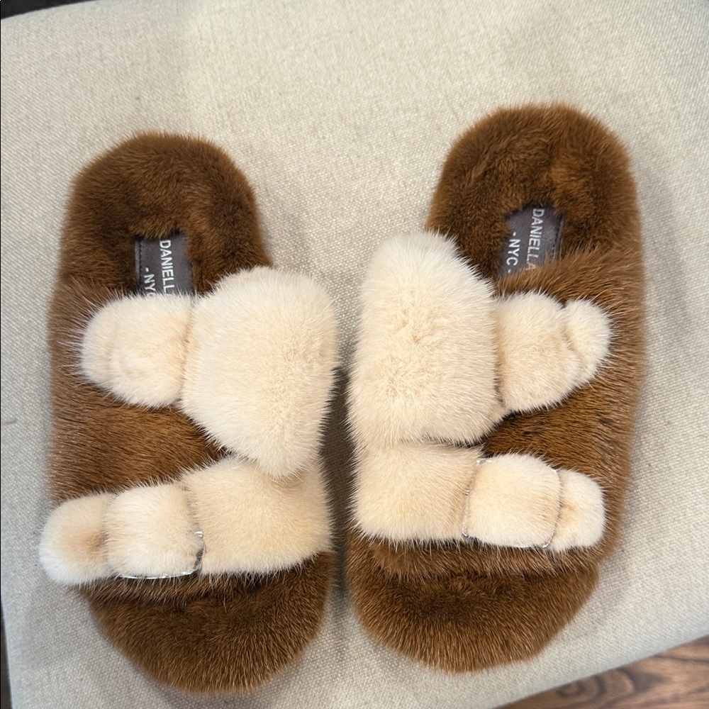 Daniella Erin genuine mink Brown and Cream slides